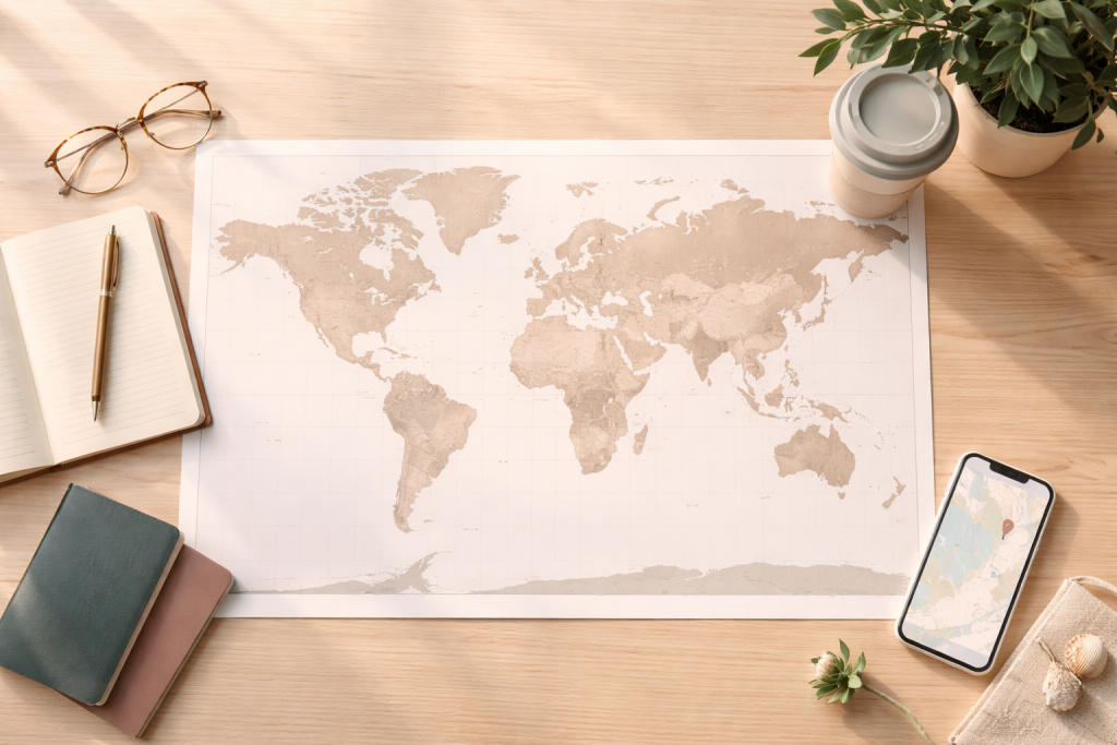 Visuelt symbol på Travelworlds mission: at skabe overblik og retning i rejseplanlægningen – et verdenskort, notesbog og digitale enheder sat op som en rolig, inspirerende fladlægning.
