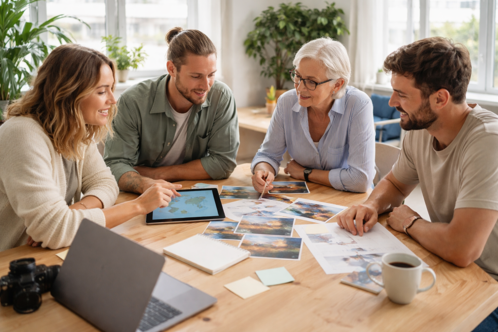 Billede til 'Om os', der viser et lille, moderne redaktionelt team i gang med at planlægge rejseindhold i et lyst kontormiljø – uformelt, samarbejdende og digitalt.