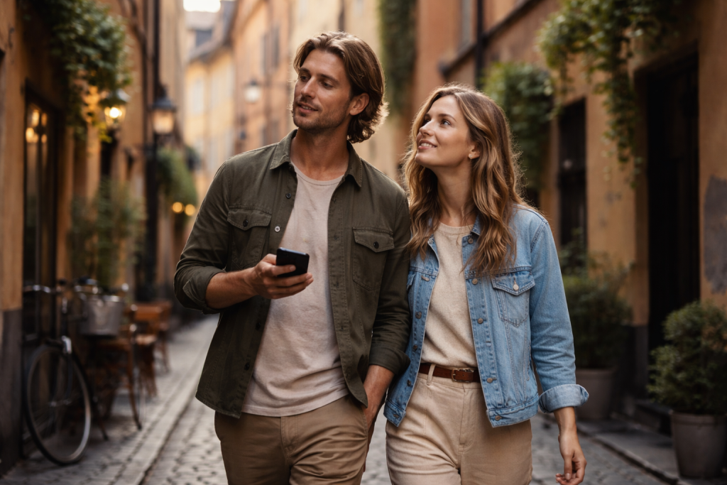 En rejsende, der udforsker en charmerende europæisk by til fods med kort på mobilen.