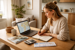 En dansker, der sidder hjemme ved bordet og planlægger rejse med laptop, budget og billetter.